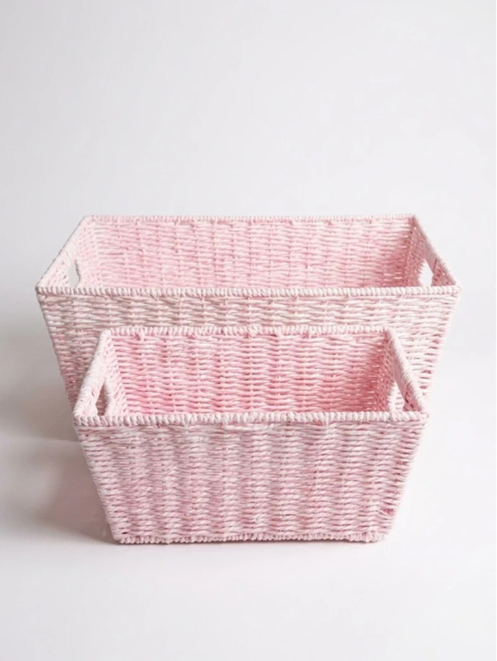 Set of 2 Pink Woven Storage Baskets Rectangular Nesting Organizer Handles